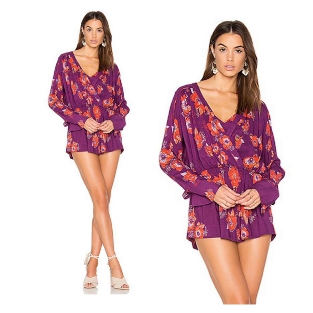 Free People Tuscan Dreams Tunic Small Floral Bohemian Plum Orange Layered